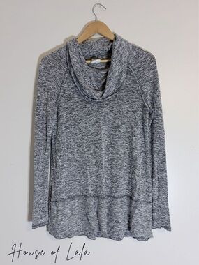 Grey cowl neck knit top with soft peplum hem, cozy lightweight long sleeve